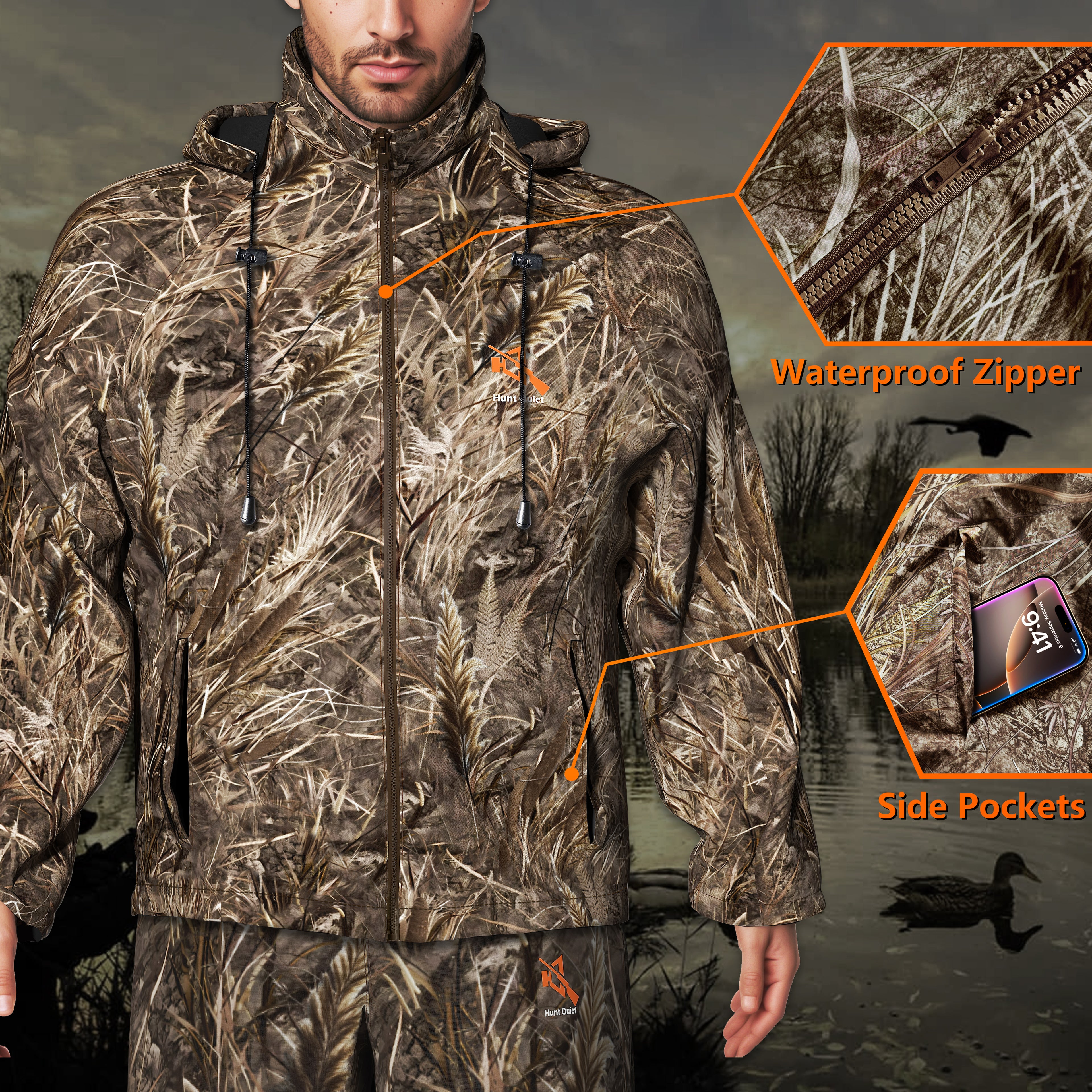 Hunt Quiet Rain Suit, Waterproof, 3000g/(㎡・24h) Breathability, Lightweight 2-Piece Hunting Rainwear for Men and Women M-XXL
