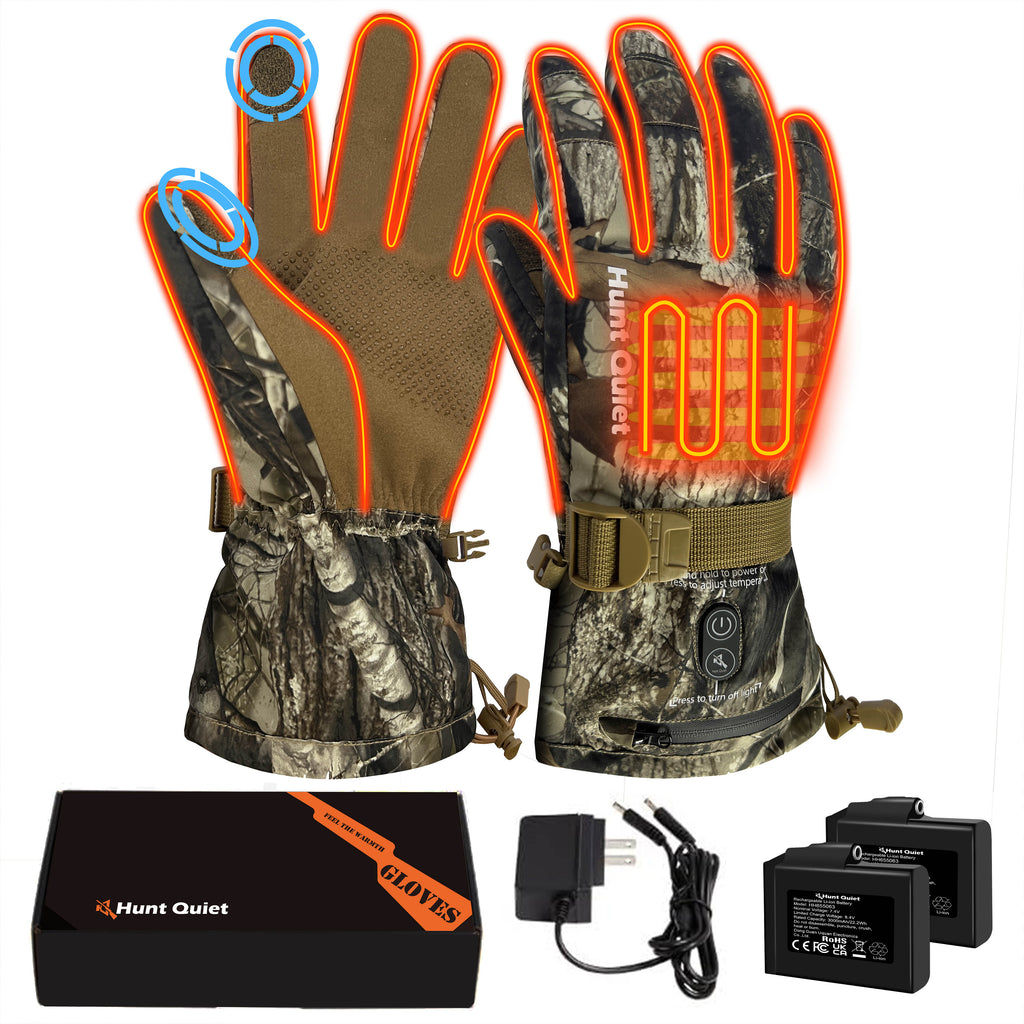 Hunt Quiet Heated Hunting Gloves 7.4V for Men and Women, 2 Batt Packs, Waterproof, Fleece Lined Next Camo G2, M-XXL