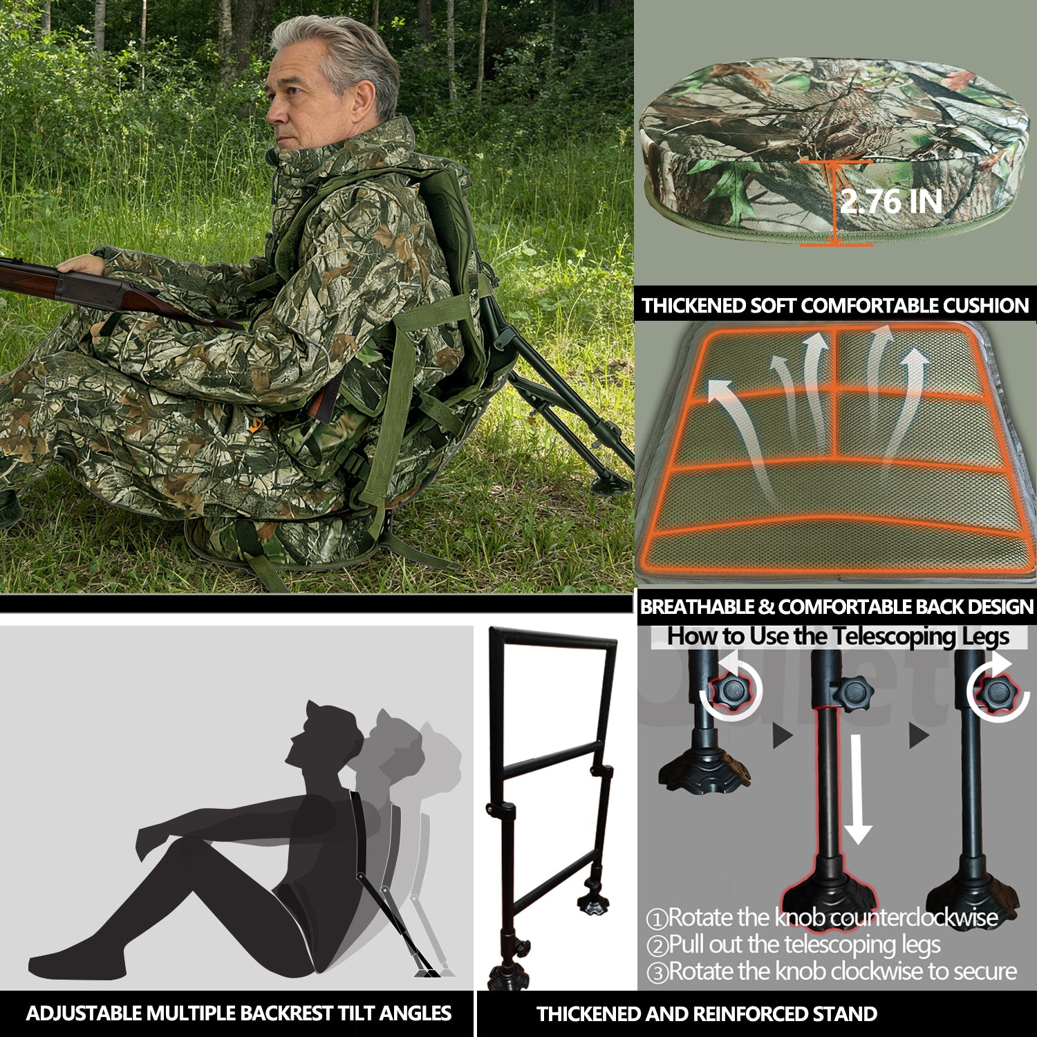 Hunting Turkey Vest with Seat, Kickstand Turkey Vest with Game Pouch for Turkey Hunting,Turkey Clothes for Men